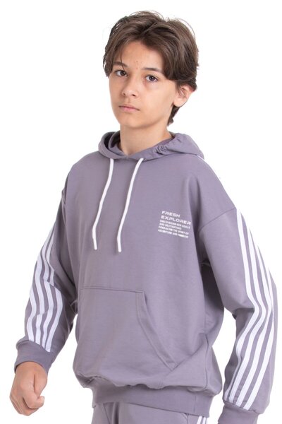Cansın Mini سويت شيرت بقلنسوة للأولاد باللون الرمادي مع أكمام مخططة وجيوب على شكل كنغر 21497