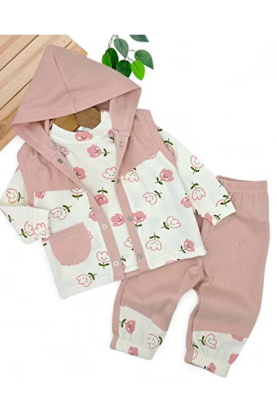 VOY KİDS Baby Girl Corduroy Tulip Printed Vest 3 Piece Cute 6-12 Month Baby Set