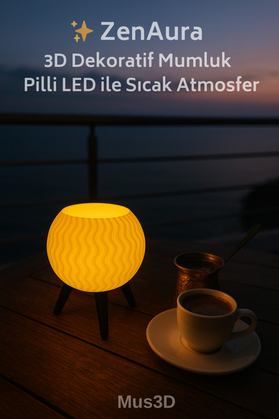 Mus3D ✨ ZenAura 3D Dekoratif Mumluk – Pilli LED ile Sıcak Atmosfer