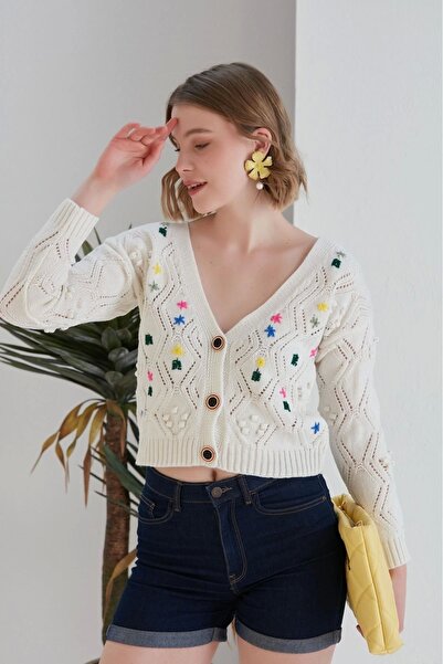 URİS Cardigan din tricot cu mânecă lungă, brodat cu nasturi