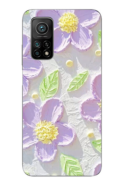 TechTree Xiaomi Mi 10T Uyumlu Mor Papatyalar Sulu Boya Şeffaf Silikon Kılıf