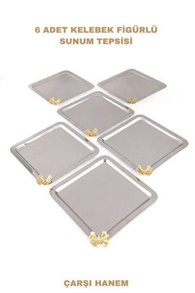 ÇARŞI HANEM Coffee and Multi-Purpose Presentation Tray Square Set of 6 with Stainless Silver Butterfly Accessories