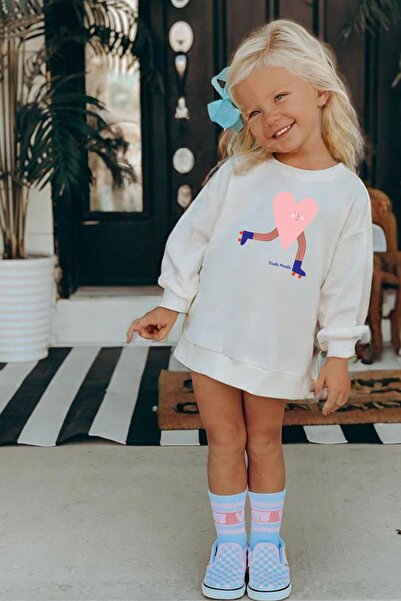 Monila Kız Çocuk Kalp Baskılı 3 İplik Kumaş Pamuklu Sweatshirt