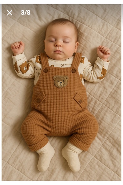Uğur bebe Bear patterned baby boy overalls 3-piece overalls set (bodysuit overalls socks) 3-6-9 month baby outfit brown