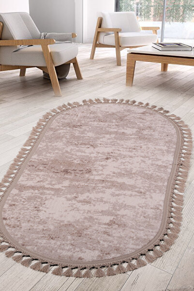 Bestekar Lunessa Vizon Oval Ponpon Saçaklı Kaymaz Taban Modern Yumuşak Yıkana...