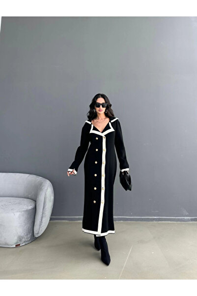 Lusin Дамска дълга трикотажна рокля със златни копчета - черна