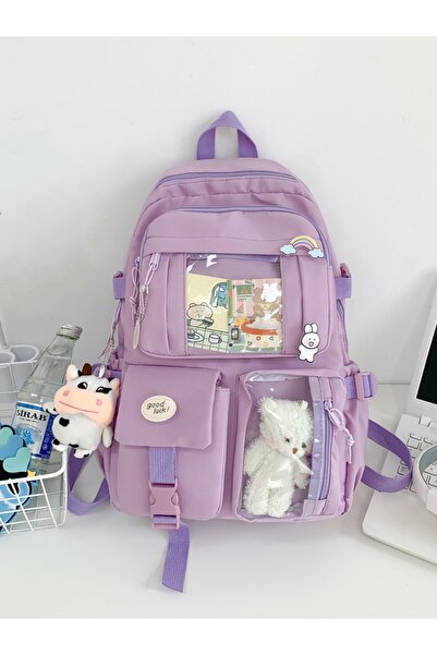 Buldug Peluş Ayılı Şeffaf Cepli Sırt Çantası | Lila, Pembe, Siyah, Yeşil, Krem