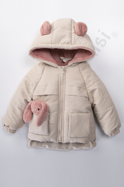 Ofislot New Rabbit Zippered Thick Hooded Snow Puffer Winter Girl Baby Coat with Plush Fur Inside Children's Coat