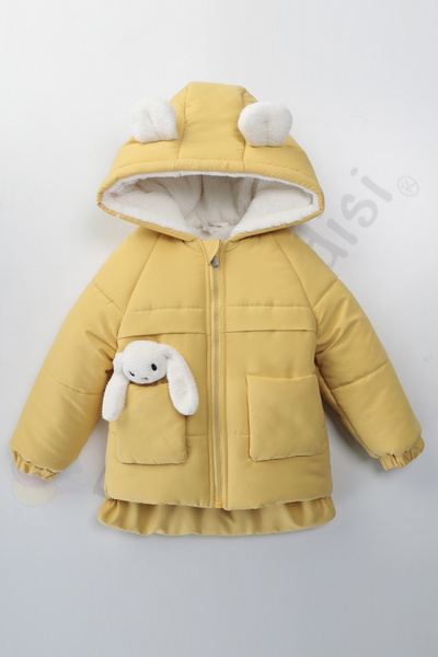 Ofislot New Rabbit Zippered Thick Hooded Snow Puffer Winter Girl Baby Coat with Plush Fur Inside Children's Coat