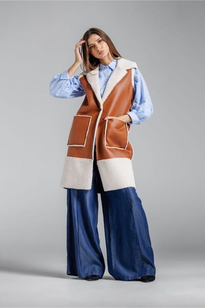 RVL Brown fur vest with patch pockets