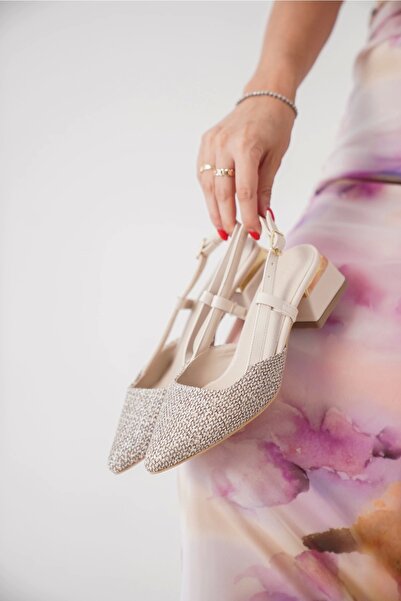 CAMOLLA Füme-Bej Kadın Hasır Kumaş Kalın Topuklu Klasik Ayakkabı