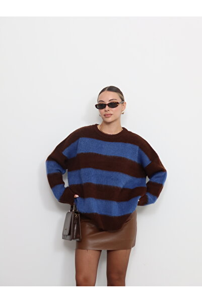 Zey Studio Kadın Kahverengi Bisiklet Yaka Çizgili Şardonlu Tüylü Kazak