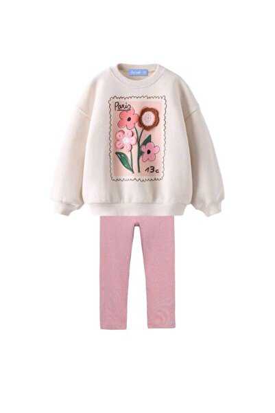 NOBLEKIDS سويت شيرت La Ciel Paris للفتيات مزين بتطريزات زهور وبنطلون ضيق وردي
