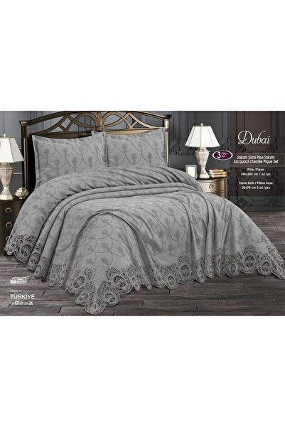 maison royale Dubai Güpürlü Lüks Yatak Örtüsü 3 Parça Pike Takımı Kutusuz