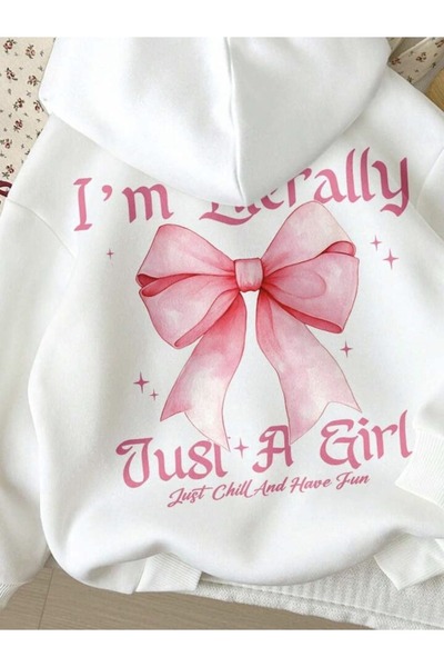 buendiakids Hanorac alb pentru fete/băieți Just Chill cu imprimeu pe spate și gât crewneck