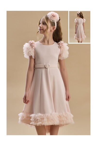 SIRRI Girl's Asymmetrical Belted Tulle Evening Dress (Ages 8–13)