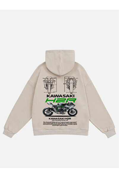 Mad&Calf Φούτερ Unisex Kawasaki H2R με στάμπα με κουκούλα Fleece Oversize