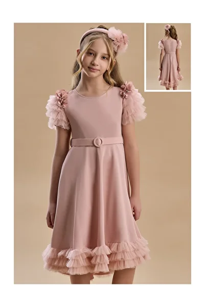 SIRRI Girl's Asymmetrical Belted Tulle Evening Dress (Ages 8–13)