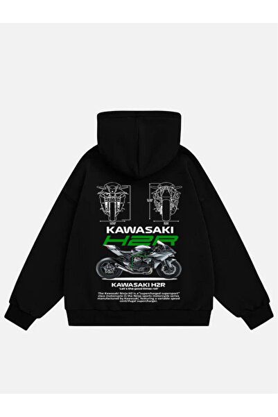 Mad&Calf Φούτερ Unisex Kawasaki H2R με στάμπα με κουκούλα Fleece Oversize