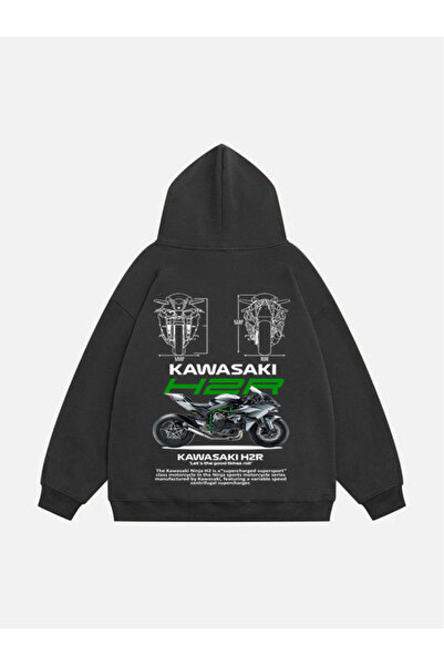 Mad&Calf Φούτερ Unisex Kawasaki H2R με στάμπα με κουκούλα Fleece Oversize