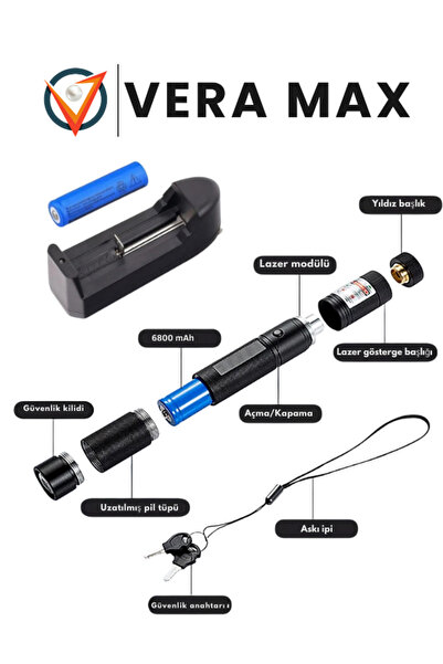 veramax Emniyetli Şarj Edilebilir Pilli Metal Kasa Yıldız Başlıklı Yeşil Lazer Pointer 15 Km Menzili ÖF-2000