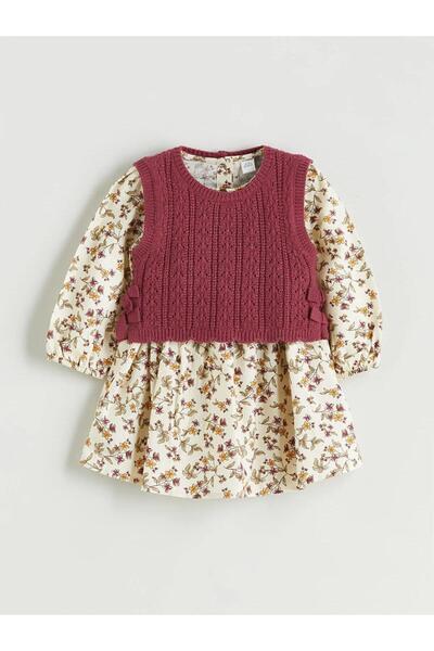 LC Waikiki Lcw Kids Crew Neck Long Sleeve Patterned Girls' Dress and Sweater 2-Piece Set (W5)