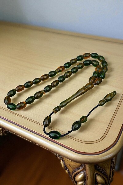 Atolyezone Usta İşi Sistemli Toz Kehribar Tesbih Sarı Yeşil Renk Geçişli Tespih