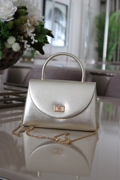 Mimoza Women's Gold Shiny Gold Chain Strap Women's Hand and Shoulder Bag - Evening Dress Bag