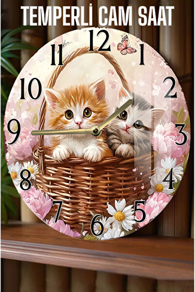 kutuTR Sepet İçinde Sevimli Kedi Desenli 3D Görünümlü Temperli Cam Saat – 33 cm CSDW435