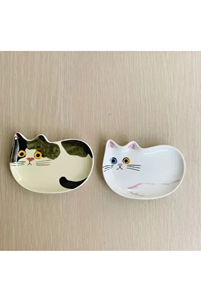 esdekor Two Piece Set Japanese Illustration Cat Dishes Kitten Series Seasoning Dishes