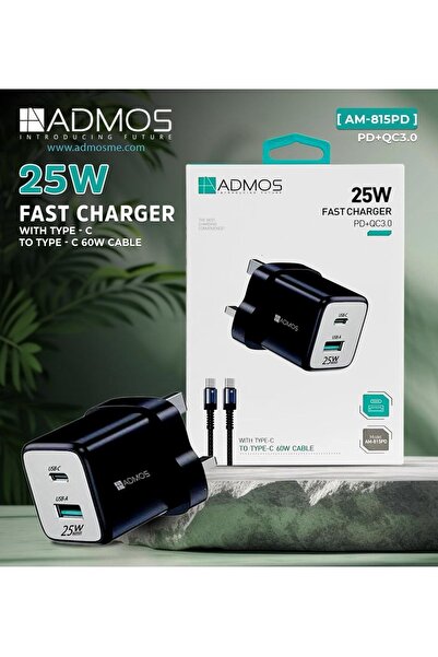 ADMOS AM-815PD 25W Fast Charger with Dual PD+QC3.0 Ports and Type-C to Lightning Cable