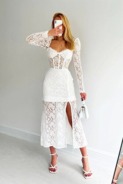 URİS Rochie lungă din dantelă cu sârmă, albă