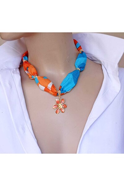 shop Orkide Çiçeği Detaylı Renkli Kumaş Bağlamalı Altın Kaplama Tasarım Kolye