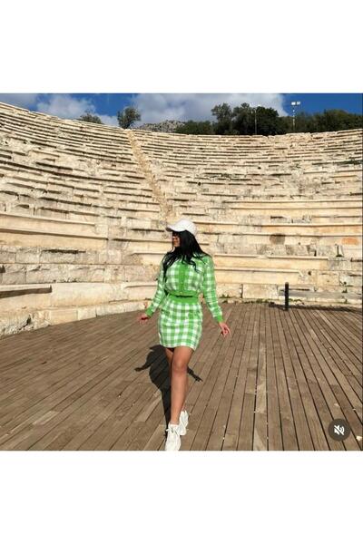 Butik Yeşil Triko Kumaş Cep Detaylı Ceket ve Mini Etek İkili Takım - Şık ve T...