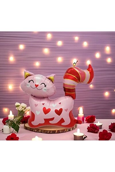 ALYA PARTİ Pembe Kalpli Sevimli Kedi Folyo Balon