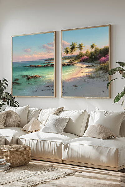 STARYUNA Set de pictură dublă cu cadru din lemn cu vedere la ocean și palmier...