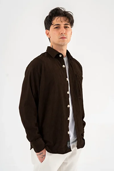 Souris Men's Corduroy Shirt Brown Relaxed Fit Long Sleeve Single Pocket