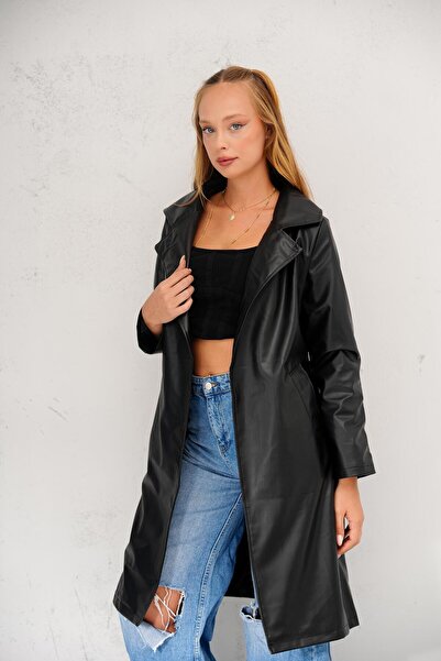02Lady Fashion Kuşaklı Deri Trençkot