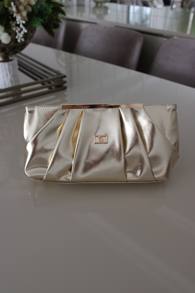 Mimoza Women's Shiny Gold Clutch Chain Hand and Shoulder Bag - Evening Bag