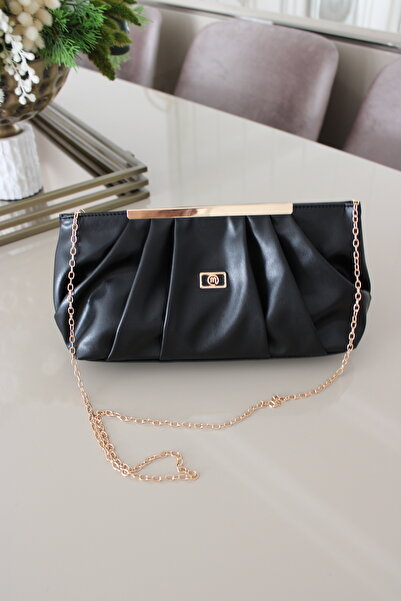 Mimoza Women's Black Leather Clutch Chain Hand and Shoulder Bag - Evening Bag