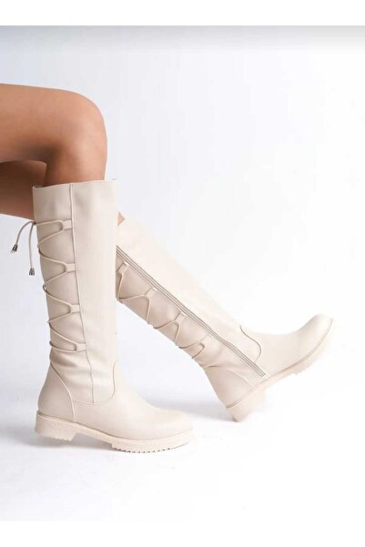 DYG STORE Bej Style Lace-Up Women's Boots 107102