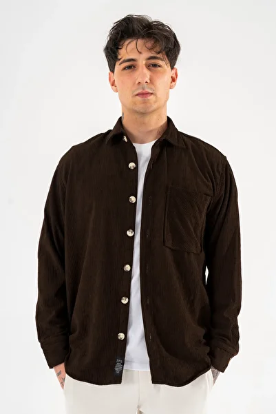 Souris Men's Corduroy Shirt Brown Relaxed Fit Long Sleeve Single Pocket