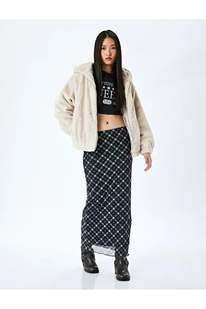 Koton Plush Coat with Hood and Zipper Pocket Detail