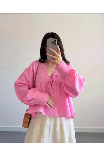 URİS Women's Long Sleeve Pink Premium Muslin Fabric Shirt Blouse