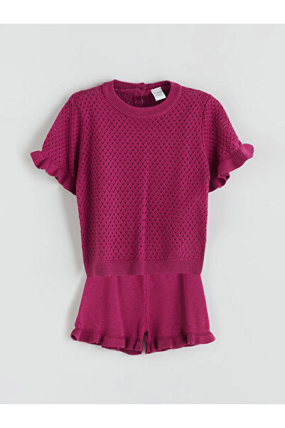 LC Waikiki Lcw Kids Fuchsia Lace-Like Knit Ruffled Girls' Knitwear Blouse and Shorts