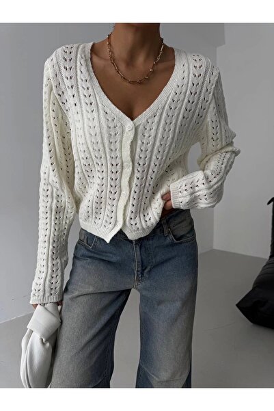 By Mop Small Knitted Knitwear Cardigan with Small Buttons White