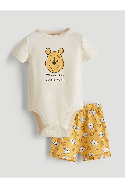 LC Waikiki Ekru Winnie the Pooh Baskılı Erkek Bebek Çıtçıtlı Body ve Şort 2'li