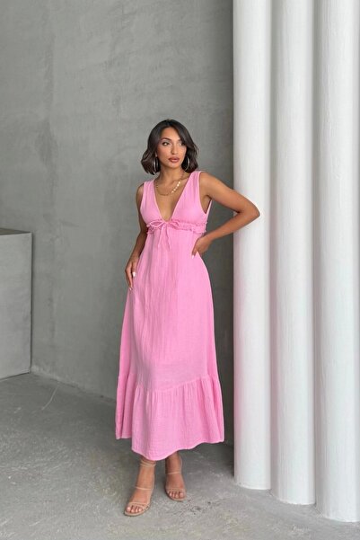 URİS Women's Pink Strap Muslin Fabric Lined Summer Premium Sleeveless Midi Dress
