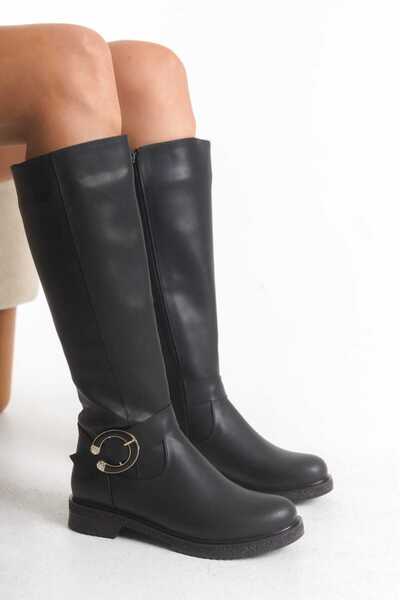 DYG STORE Black Moon Buckle Stylish Women's Boots 199307