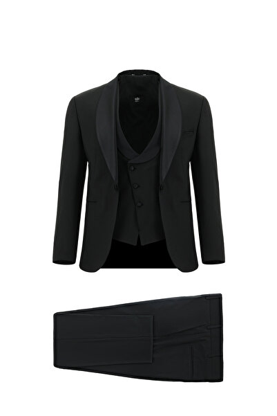 Kiğılı 7 Drop Slim Fit Dar Kesim Şal Yaka Yünlü Yelekli Smokin & Damatlık